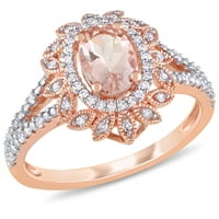 Miaенски Carat Carat T.G.W. Овално-скратено Морганит и Карат Т.В. Тркалезен дијамант 10kt розово злато ореол прстен