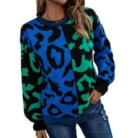 Џемпери За Жени Дозвола Женски Нов Леопард Печатење Долги Ракави Спојување Плетење Пуловер Круг Вратот Џемпер Блузи