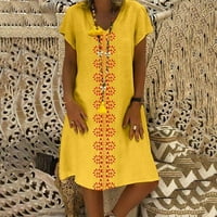 Женски Фустани Без Ракави Печатени Мода Средна Должина А-Линија V-Вратот Летен Фустан Жолта С