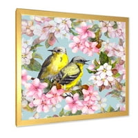 DesignArt 'Птици на розова цреша Сакура и цвеќиња од јаболка II' Традиционална врамена уметност печатење