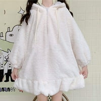 семимај женски вештачки волна долг ракав обичен еднобоен патент пуловер дуксер лабаво зајаче симпатична качулка дебела блуза