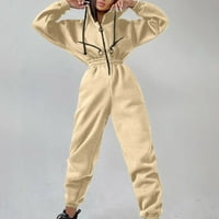 јинго женски комбинезони за надворешна облека со патент качулка тенок струк комбинезон со врвки ромпер со долги ракави боди