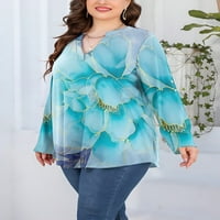 Плус Големина Женски Блузи Сини Цвеќиња Шема Печатени Маици Со Долги Ракави За Женски Модни Врвови